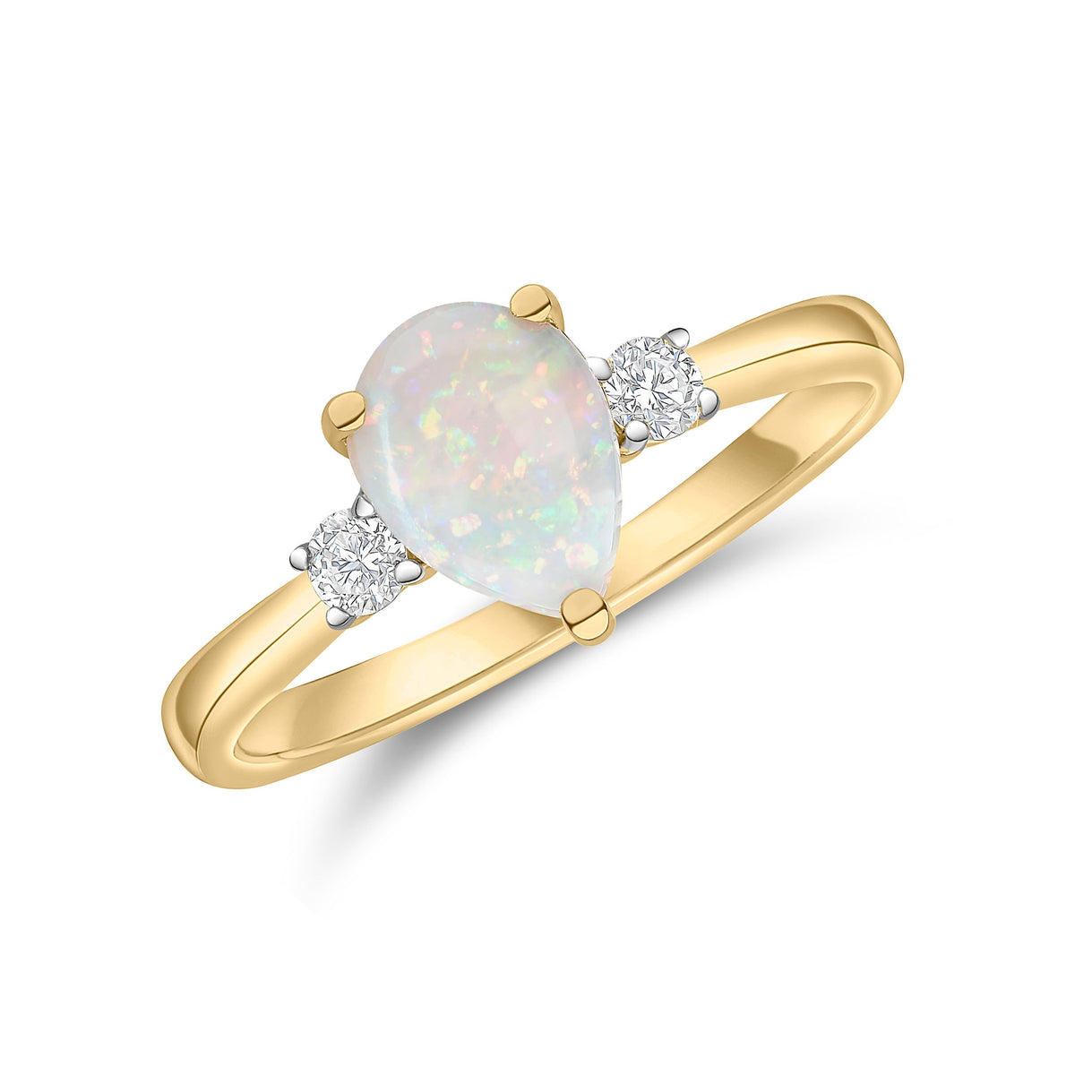18CT YG 8X6 PEARSHAPE OPAL & ROUND DIAMOND CLAW SET 3ST RING. RHODIUM TO DIAMONDS
