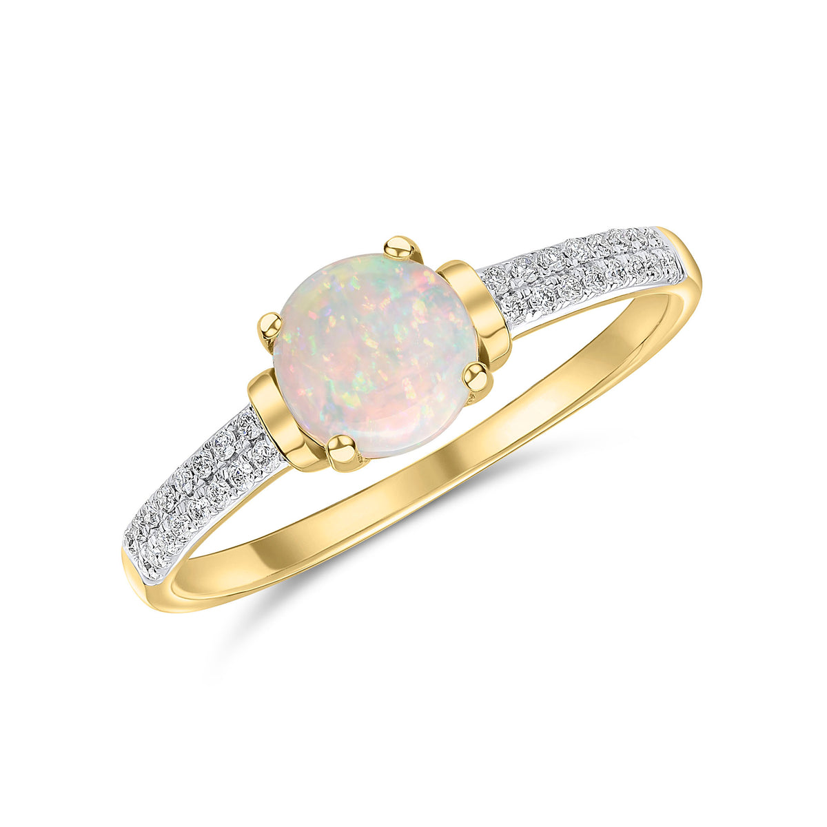 18CT YG CLAW SET 6MM ROUND OPAL SINGLE STONE RING WITH PAVE DIAMOND SHOULDERS. RHODIUM TO DIAMONDS