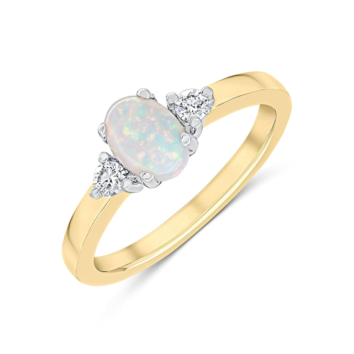 18CT YG 7X5MM OVAL OPAL AND ROUND DIAMOND CLAW SET 3ST RING. RHODIUMED HEAD