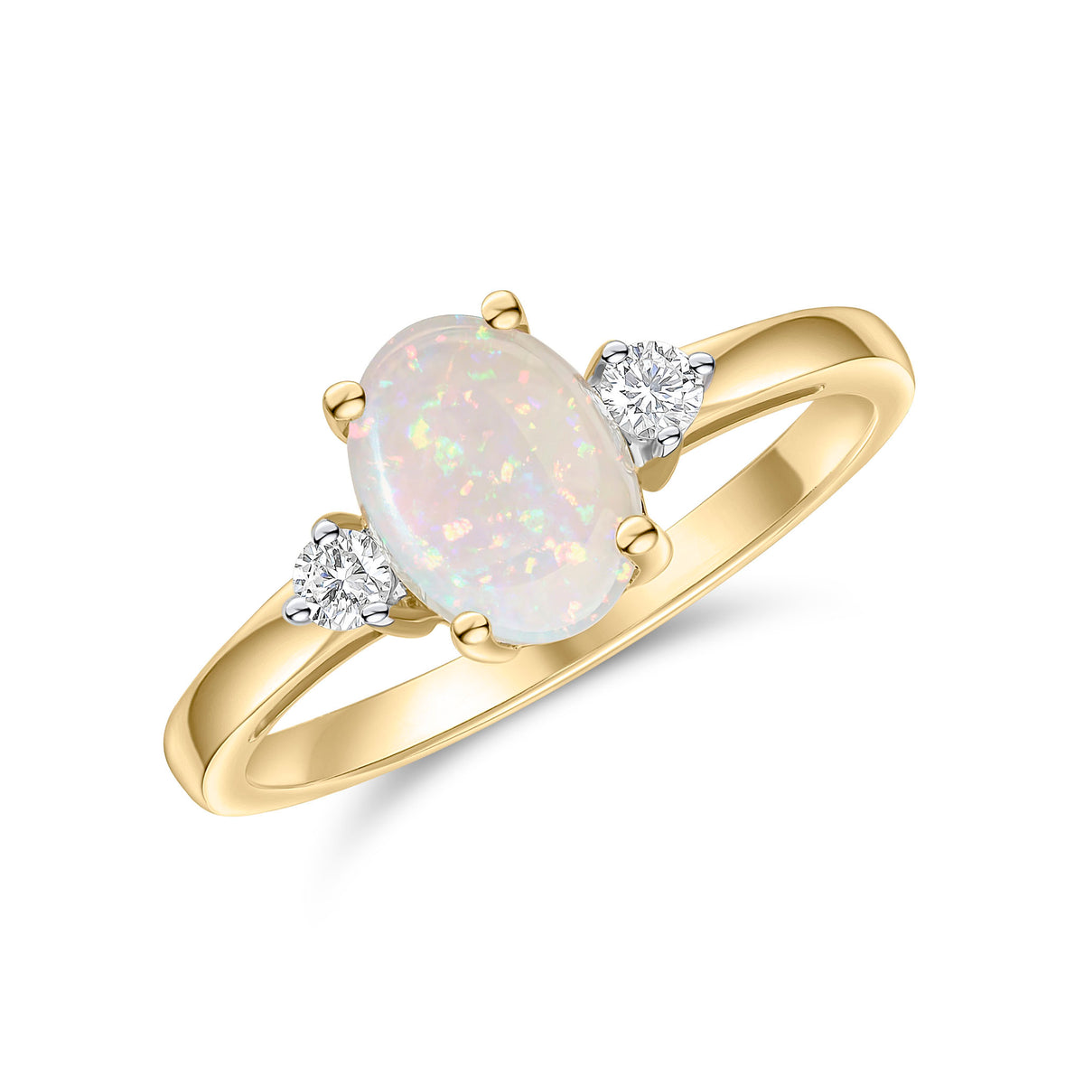 18CT YG 8X6MM OVAL OPAL & ROUND DIAMOND CLAW SET 3ST RING. RHODIUM TO DIAMONDS