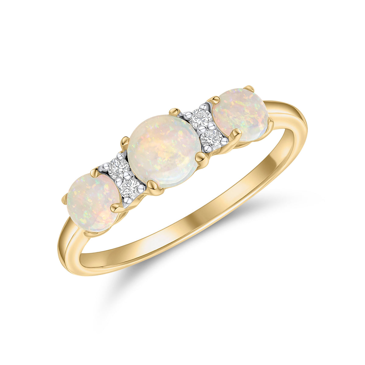 18CT YG ROUND OPAL & DIAMOND 7ST CLAW SET RING. RHODIUM TO DIAMONDS