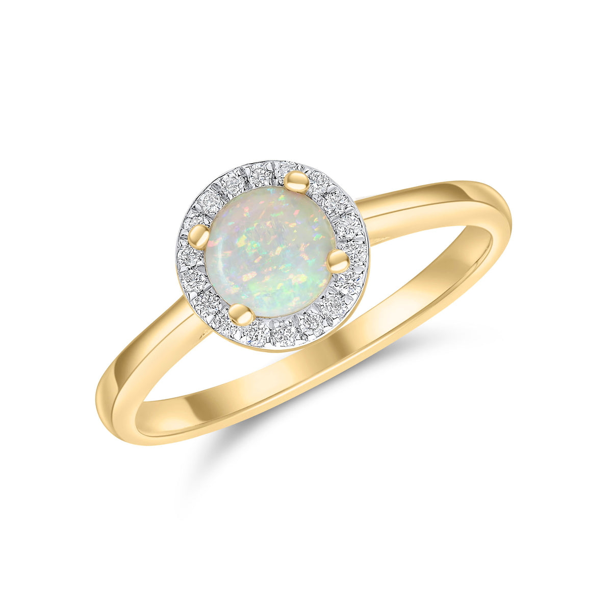 18CT YG 5.5MM ROUND OPAL & DIAMOND CLUSTER RING. RHODIUM TO DIAMONDS