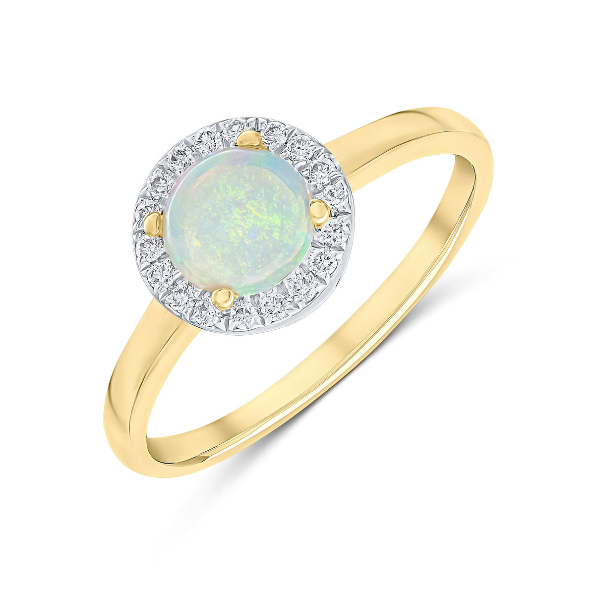 18CT YG 6MM ROUND OPAL AND DIAMOND CLAW SET CLUSTER RING. RHODIUM TO DIAMONDS
