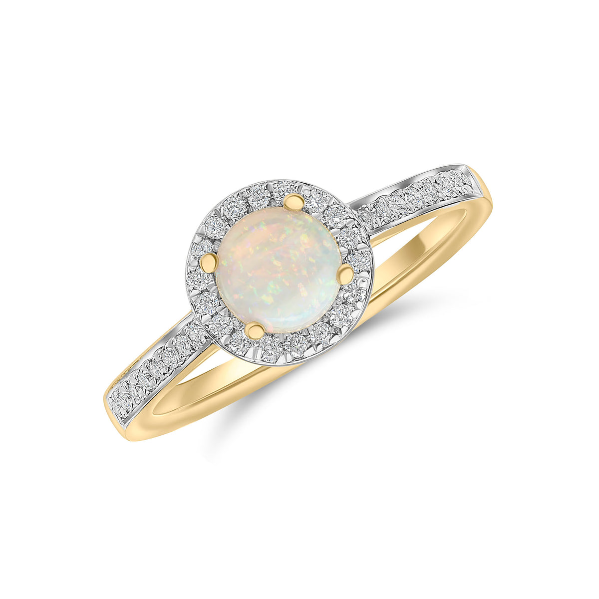 18CT YG 5.5MM ROUND OPAL & DIAMOND CLAW CLUSTER RING WITH DIAMOND SET SHOULDERS. RHODIUM TO DIAMONDS