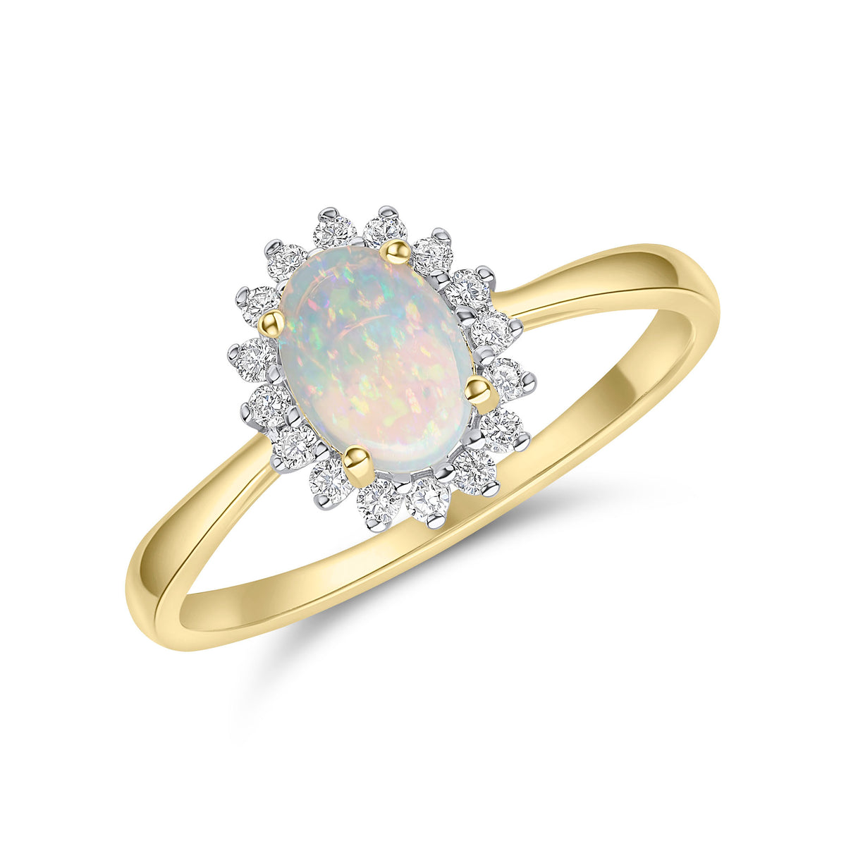 18CT YG 7X5 OVAL OPAL & ROUND DIAMOND CLAW SET CLUSTER RING. RHODIUM TO DIAMONDS