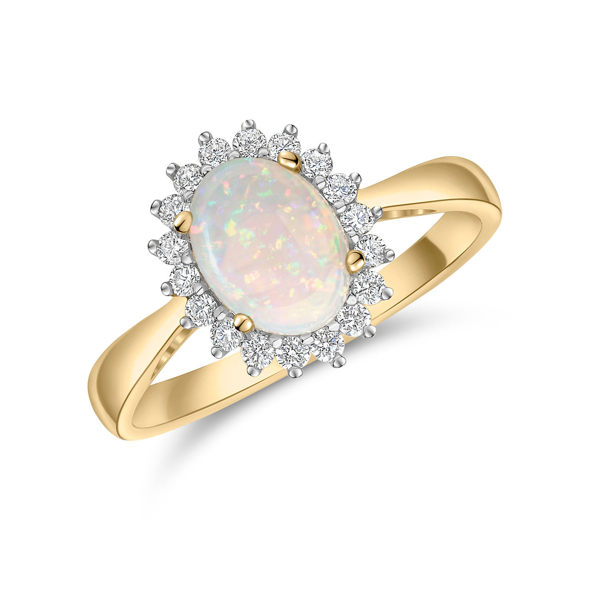 18CT YG 8X6 OVAL OPAL & ROUND DIAMOND CLAW SET CLUSTER RING. RHODIUM TO DIAMONDS