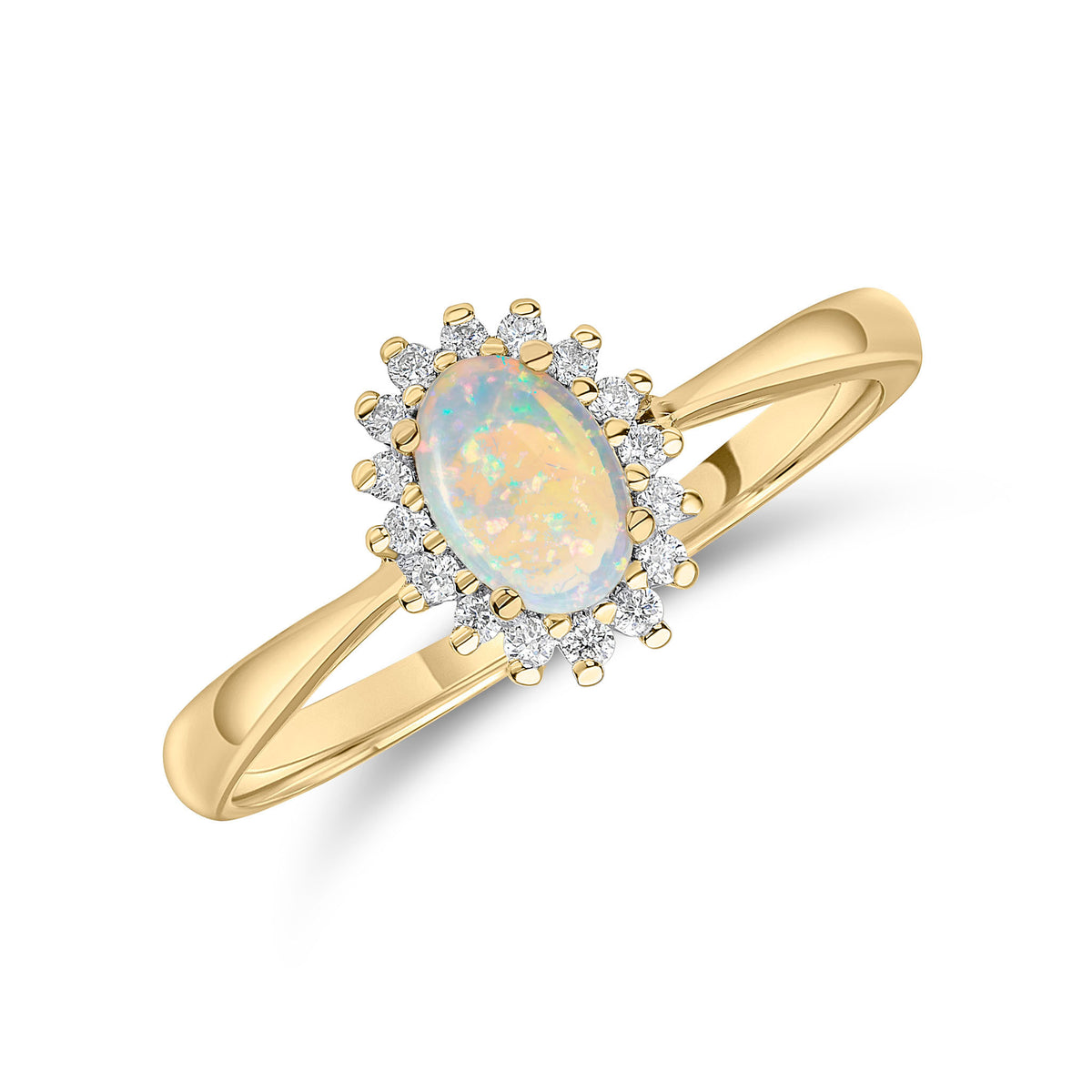 18CT YG 6X4 OVAL OPAL & ROUND DIAMOND CLAW SET CLUSTER RING