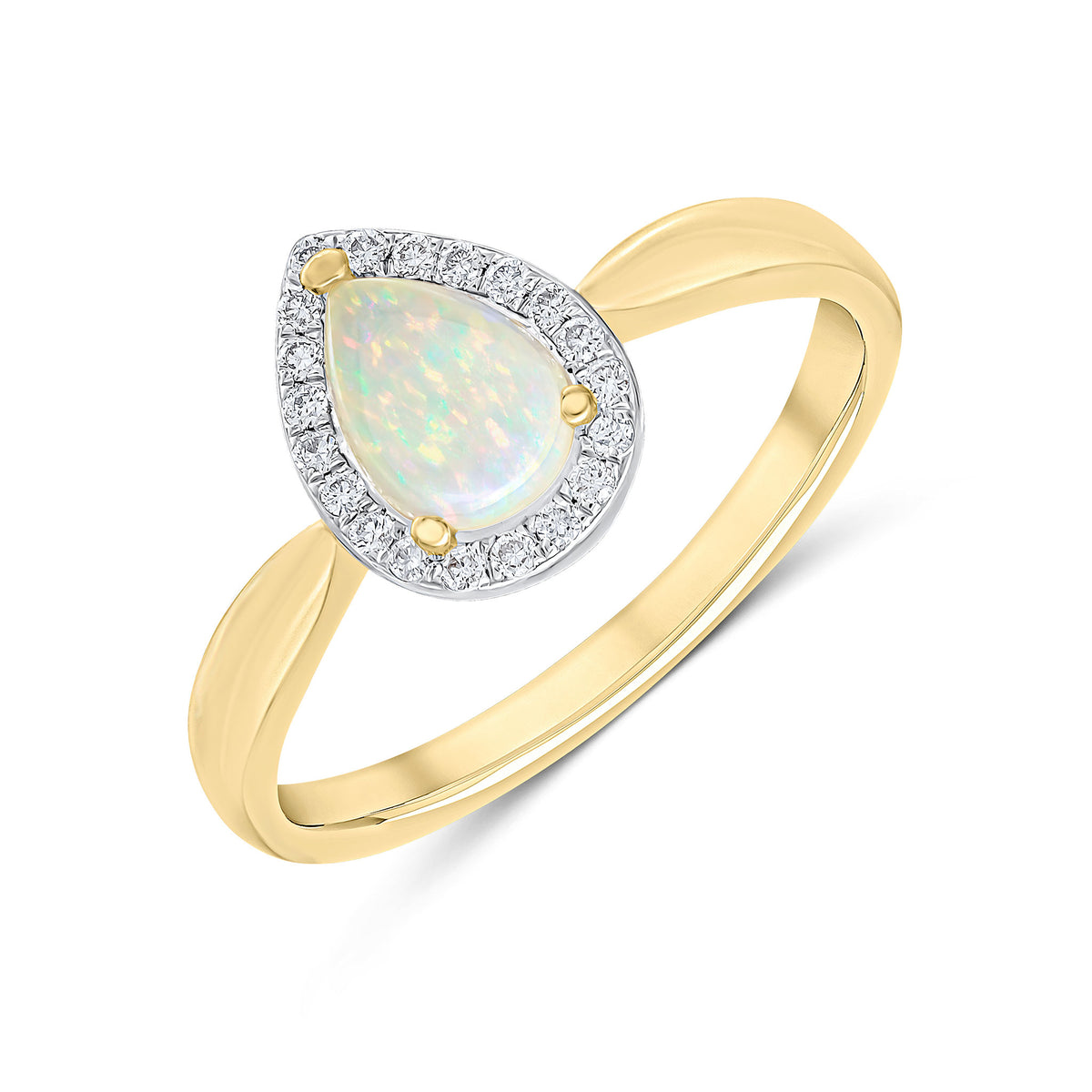 18CT YG CLAW SET 7X5 PEARSHAPE OPAL AND ROUND DIAMOND GRAIN SET CLUSTER RING. RHODIUM TO DIAMONDS