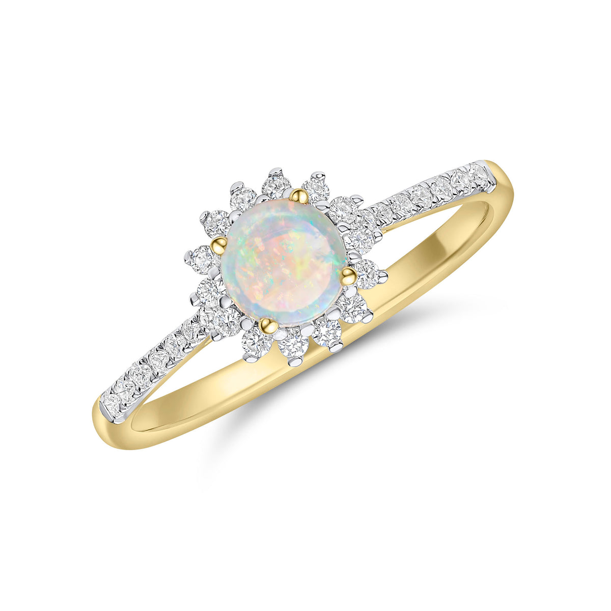 18CT YG 5MM ROUND OPAL & ROUND DIAMOND CLAW SET CLUSTER WITH DIAMOND SET SHOULDERS. RHODIUM TO DIAMONDS