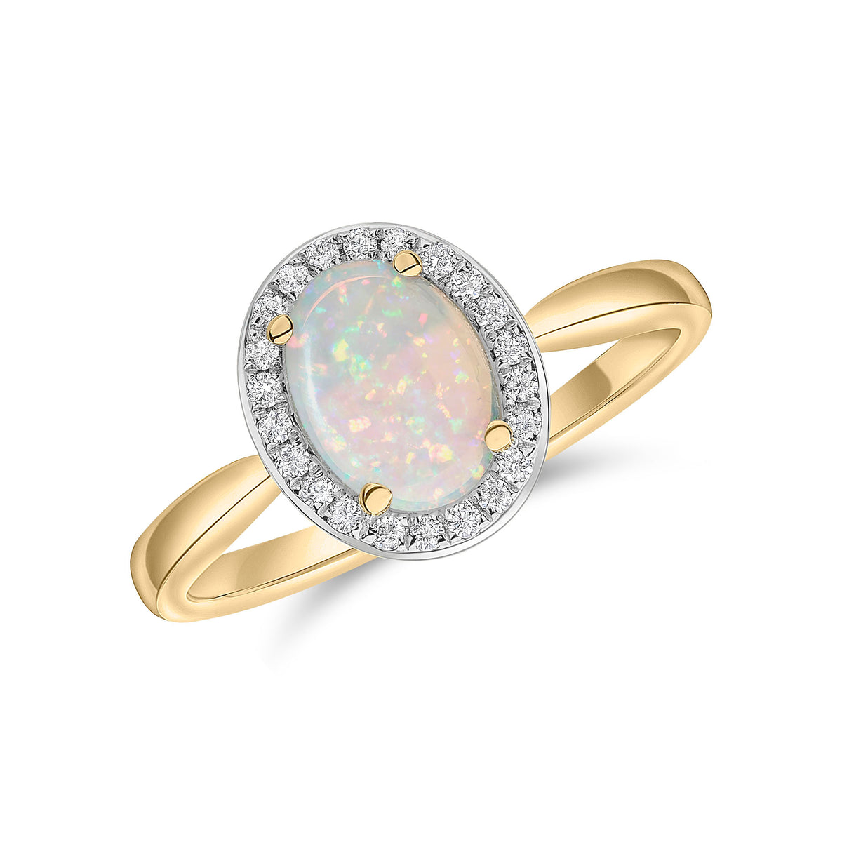 18CT YG 8X6 OVAL OPAL AND ROUND DIAMOND CLUSTER RING. RHODIUM TO DIAMONDS