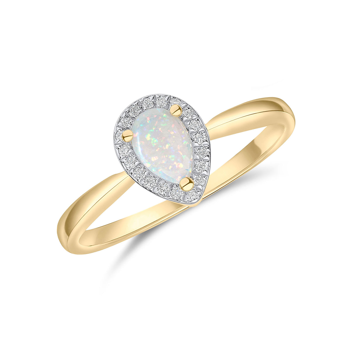 18CT YG CLAW SET 6X4 PEARSHAPE OPAL AND ROUND DIAMOND GRAIN SET CLUSTER RING. RHODIUM TO DIAMONDS
