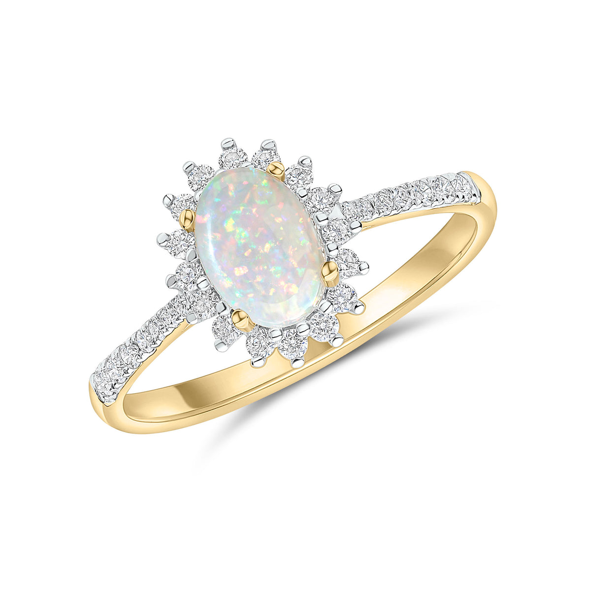 18CT YG 7X5 OVAL OPAL & DIAMOND CLUSTER RING WITH DIAMOND SET SHOULDER. RHODIUM TO DIAMONDS