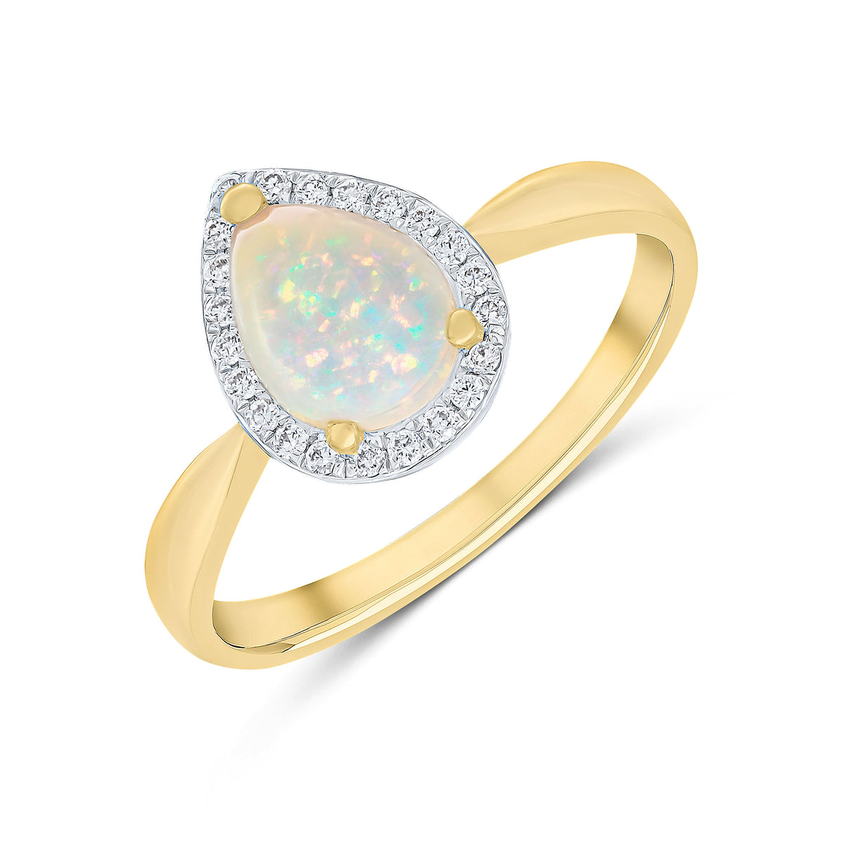 18CT YG CLAW SET 8X6 PEARSHAPE OPAL AND ROUND DIAMOND GRAIN SET CLUSTER RING. RHODIUM TO DIAMONDS