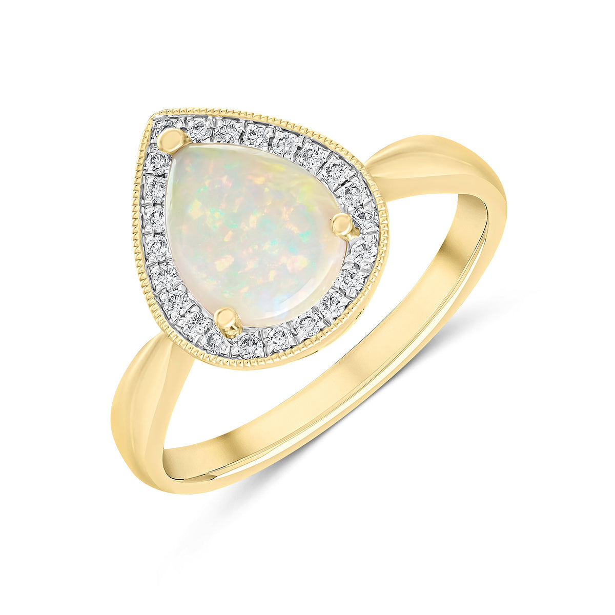 18CT YG CLAW SET 9X7 PEARSHAPE OPAL & ROUND DIAMOND CLUSTER RING. MILLEGRAIN EDGE