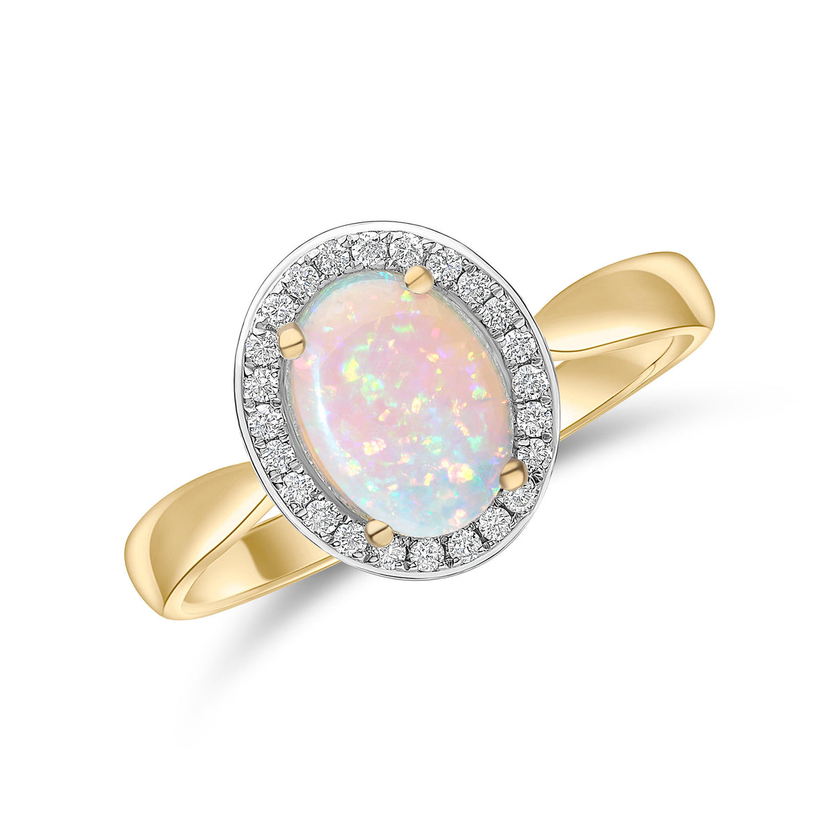 18CT YG CLAW SET 9X7 OVAL OPAL & GRAIN SET ROUND DIAMOND CLUSTER RING. RHODIUM TO DIAMONDS