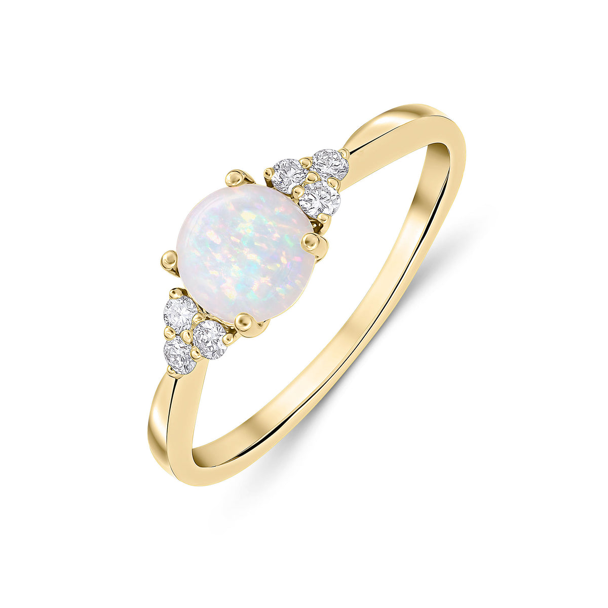18CT YG 6MM ROUND OPAL & DIAMOND TREFOIL SHOULDERS RING. RHODIUM TO DIAMONDS