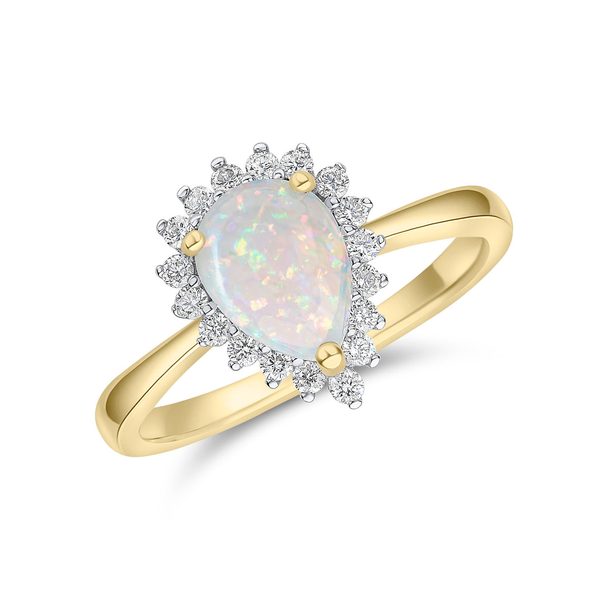 18CT YG 8X6MM PEARSHAPE OPAL & DIAMOND CLAW CLUSTER RING. RHODIUM TO DIAMONDS