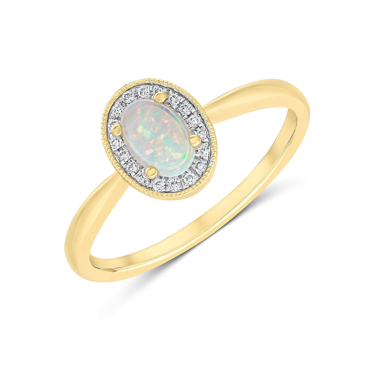 18CT YG CLAW SET 6X4MM OVAL OPAL AND DIAMOND CLUSTER RING. MILLEGRAIN EDGE