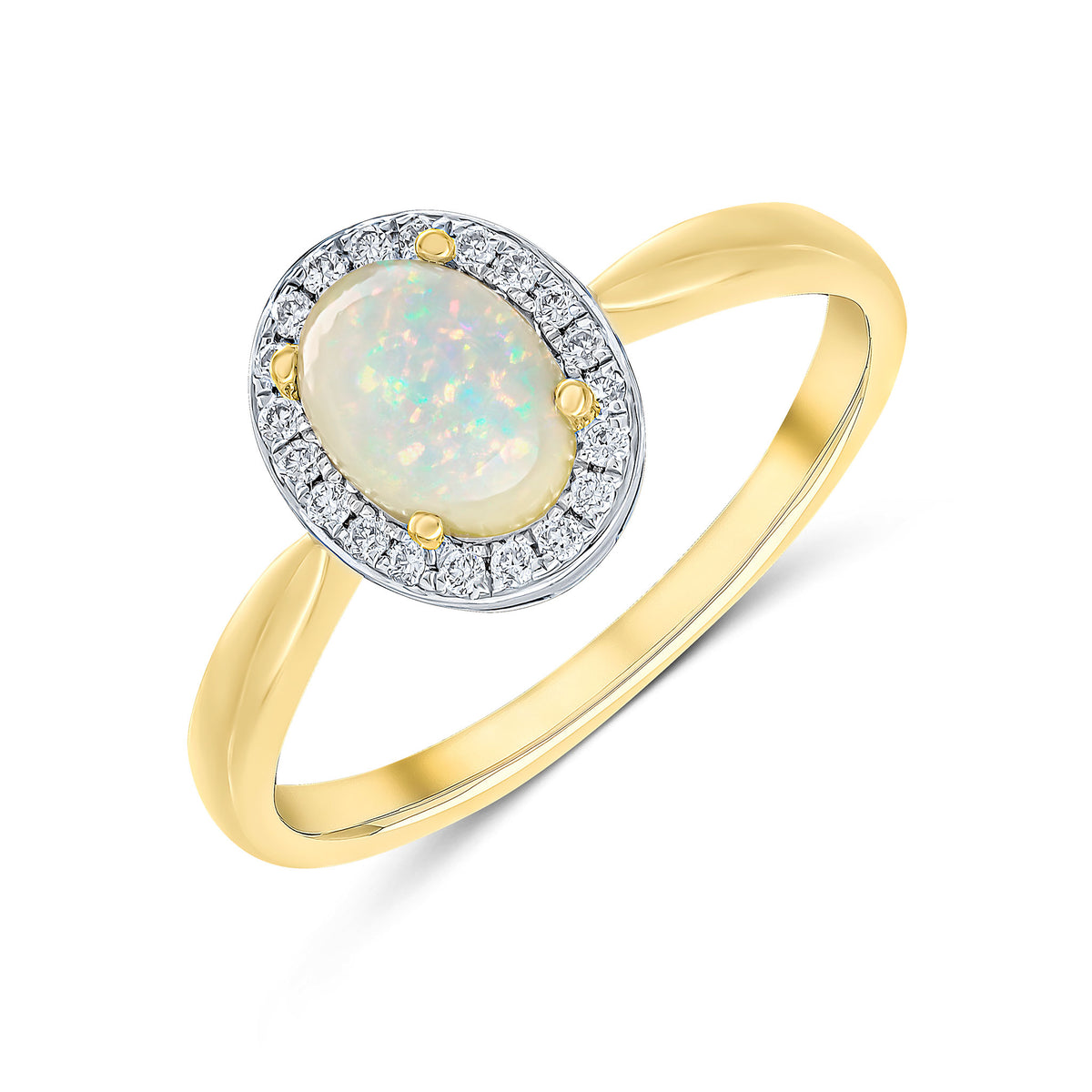 18CT YG CLAW SET 7X5 OVAL OPAL & GRAIN SET ROUND DIAMOND CLUSTER RING. RHODIUM TO DIAMONDS