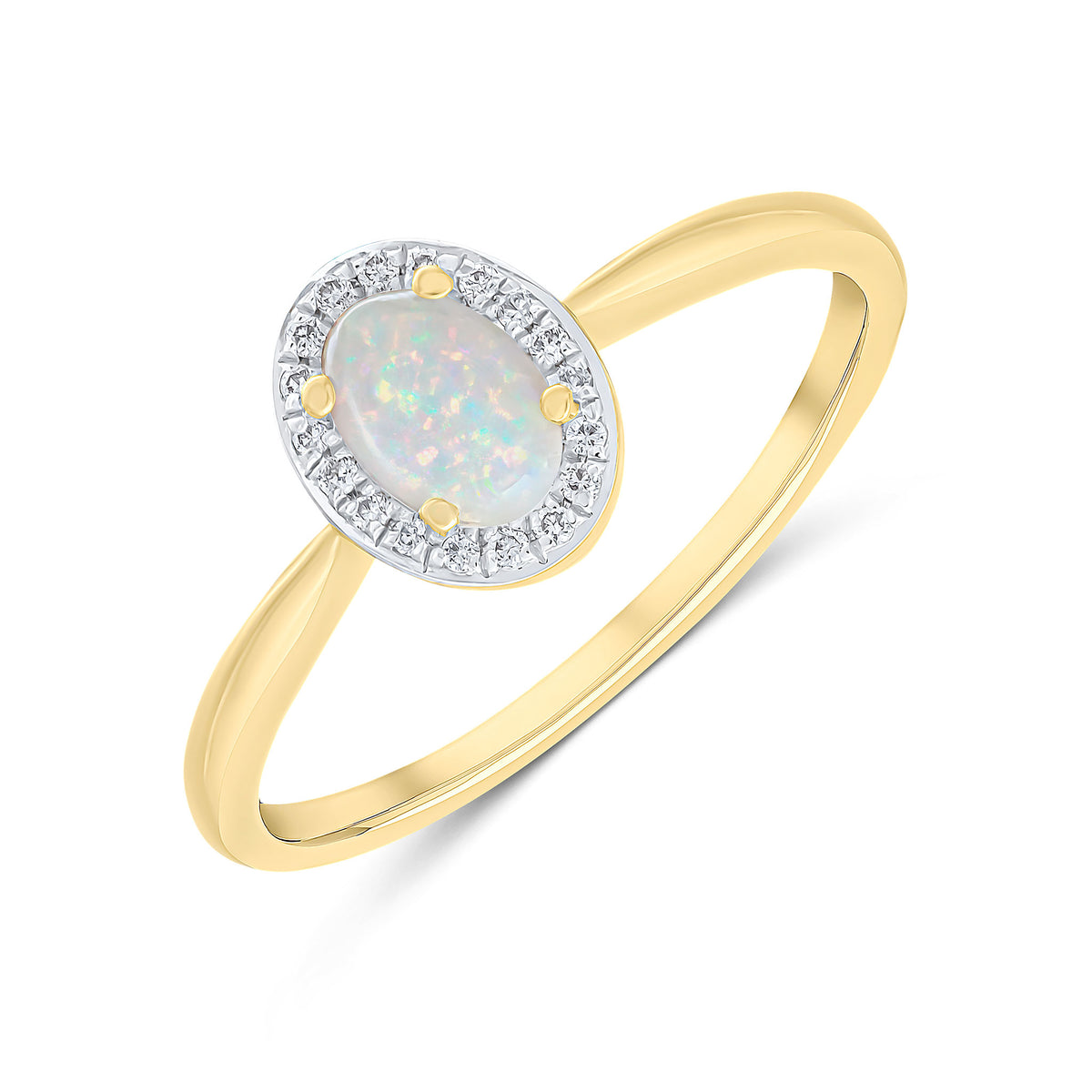 18CT YG CLAW SET 6X4 OVAL OPAL & GRAIN SET ROUND DIAMOND CLUSTER RING. RHODIUM TO DIAMONDS