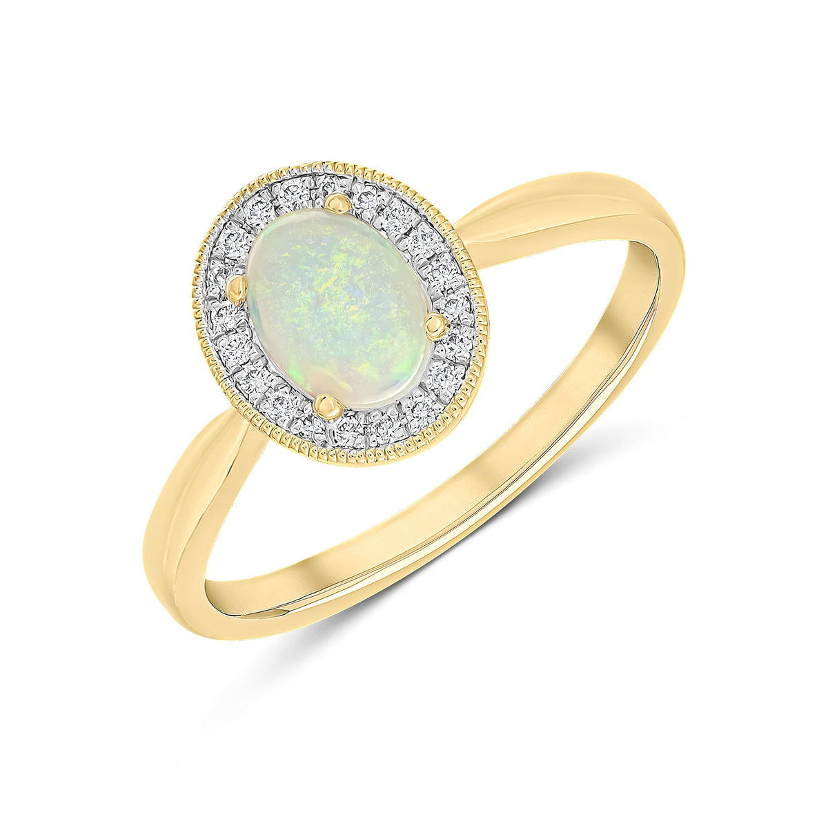 18CT YG CLAW SET 7X5MM OVAL OPAL AND DIAMOND CLUSTER RING. MILLEGRAIN EDGE