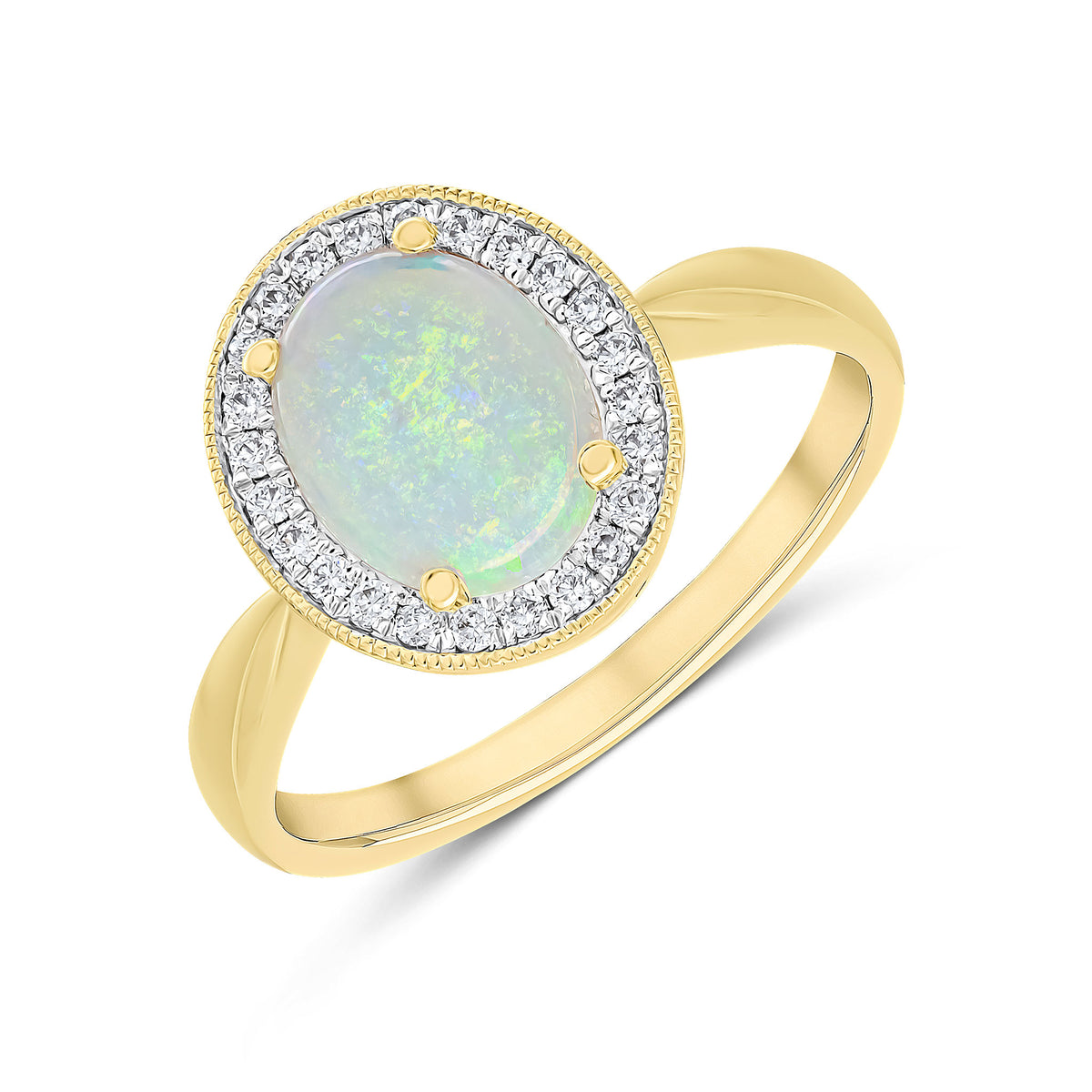 18CT YG CLAW SET 9X7MM OVAL OPAL AND DIAMOND CLUSTER RING. MILLEGRAIN EDGE