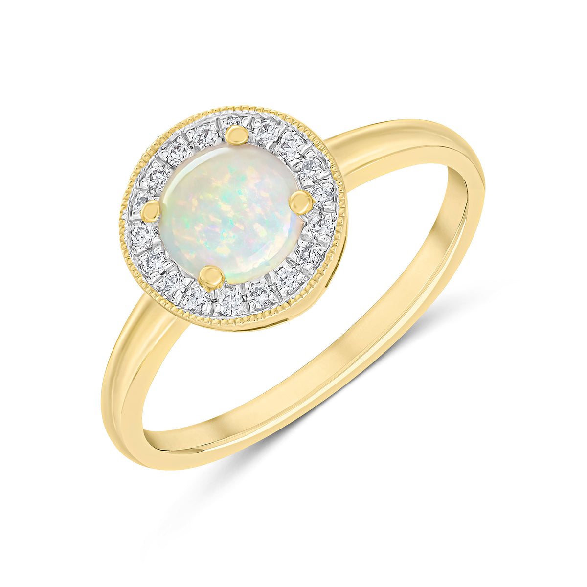 18CT YG CLAW SET 6MM ROUND OPAL AND ROUND DIAMOND CLUSTER RING. MILLEGRAIN EDGE