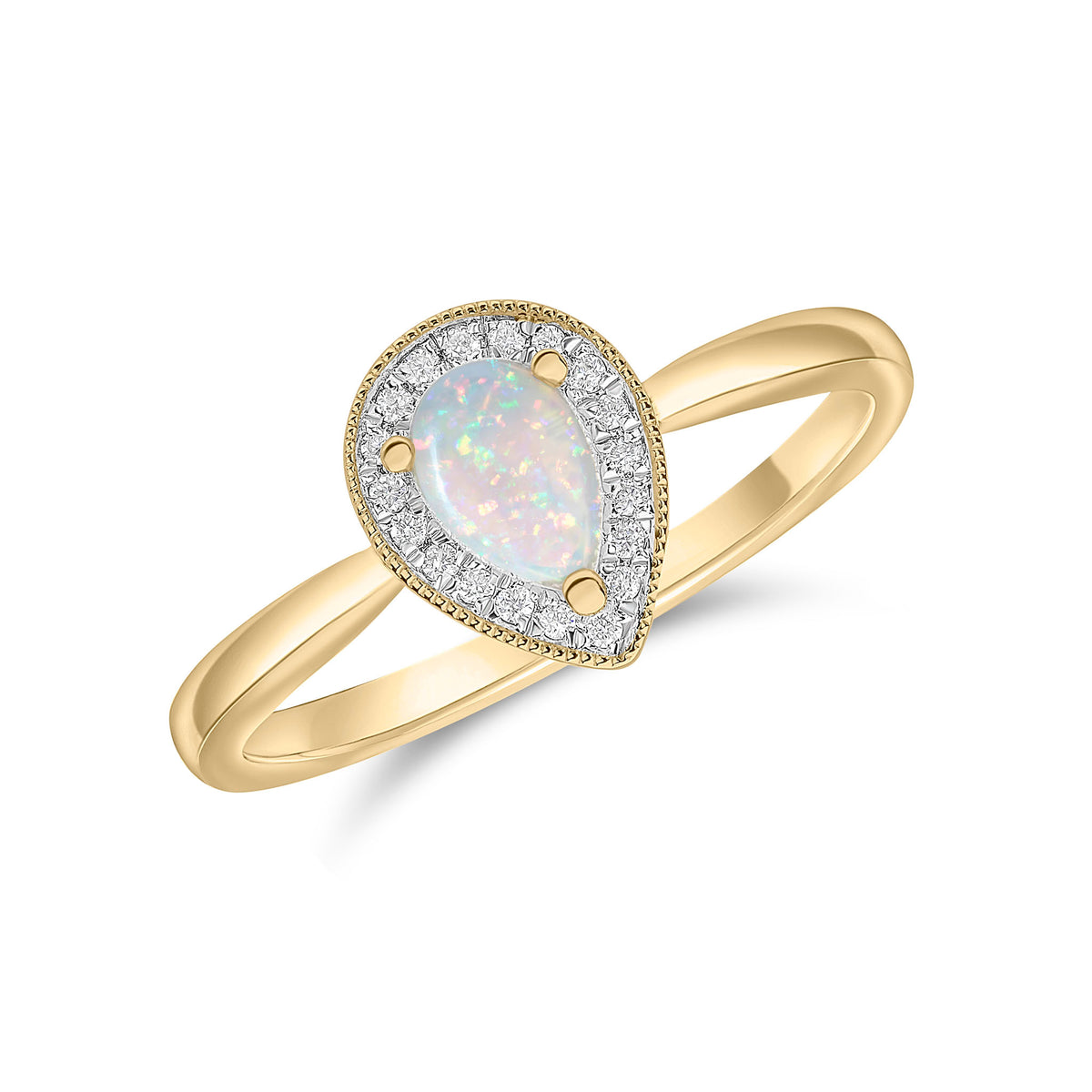 18CT YG CLAW SET 6X4 PEARSHAPE OPAL & DIAMOND CLUSTER RING. MILLEGRAIN EDGE