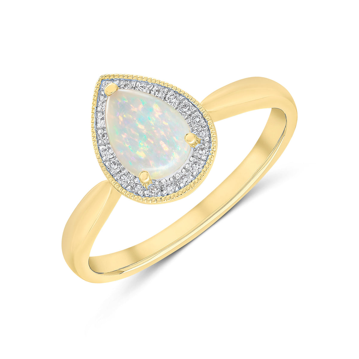 18CT YG CLAW SET 7X5 PEARSHAPE OPAL & DIAMOND CLUSTER RING. MILLEGRAIN EDGE