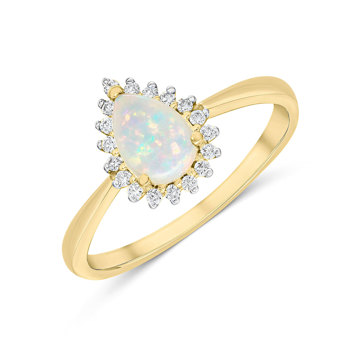 18CT YG 7X5MM PEARSHAPE OPAL & DIAMOND CLAW CLUSTER RING. RHODIUM TO DIAMONDS