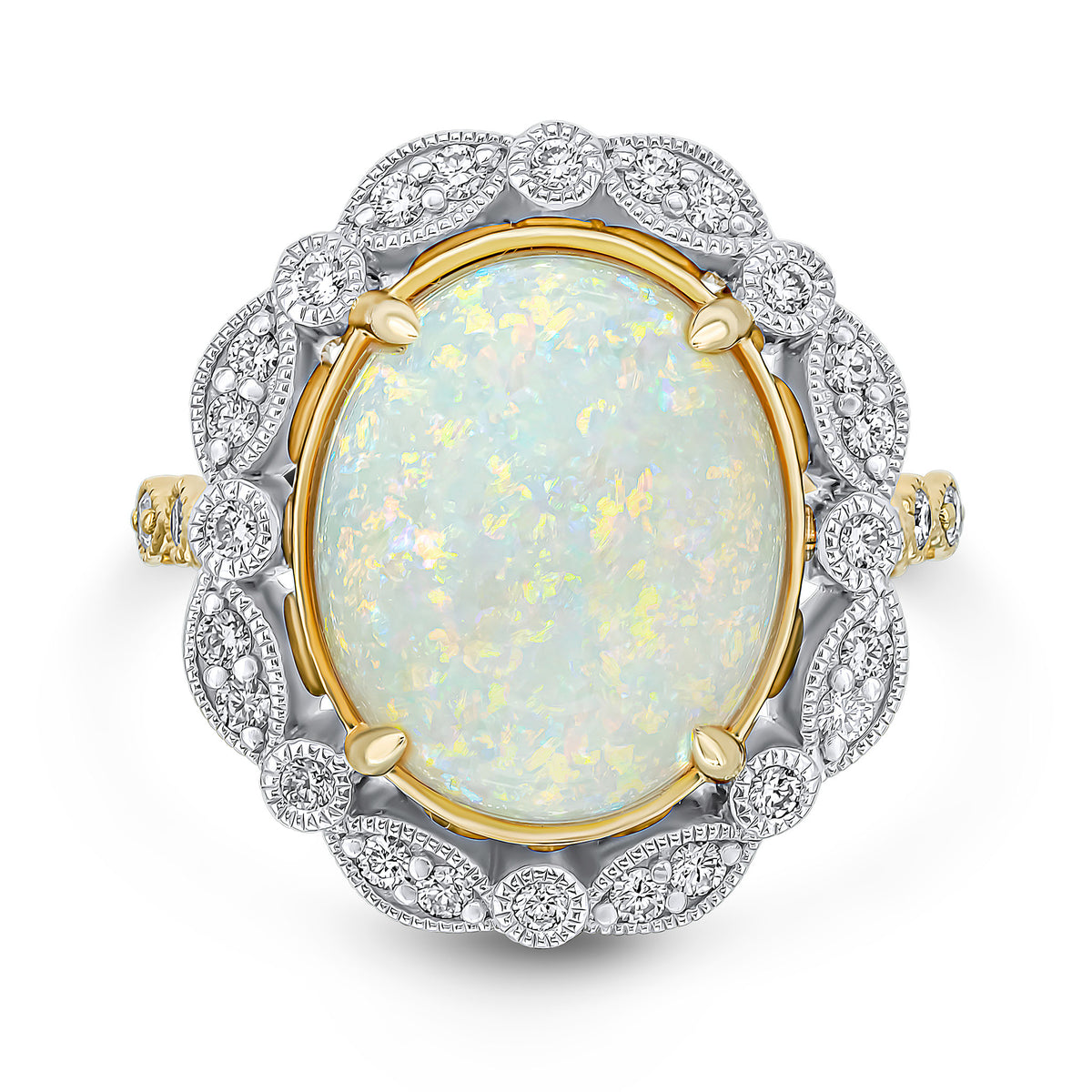 18CT YWG OVAL OPAL & DIAMOND MILLEGRAIN FANCY CLUSTER RING