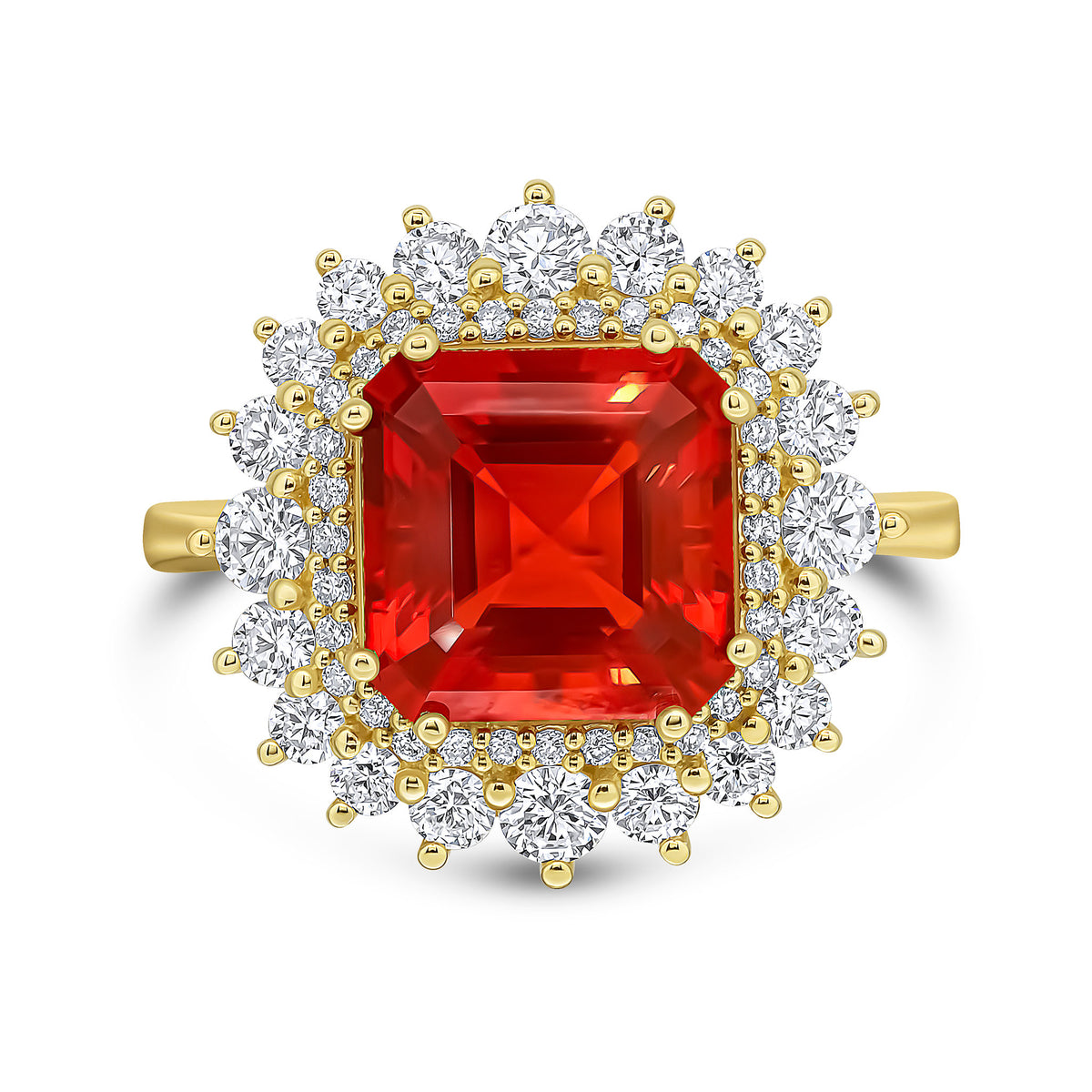 18YG SQUARE OCTAGON FIRE OPAL & DIAMOND CLUSTER RING