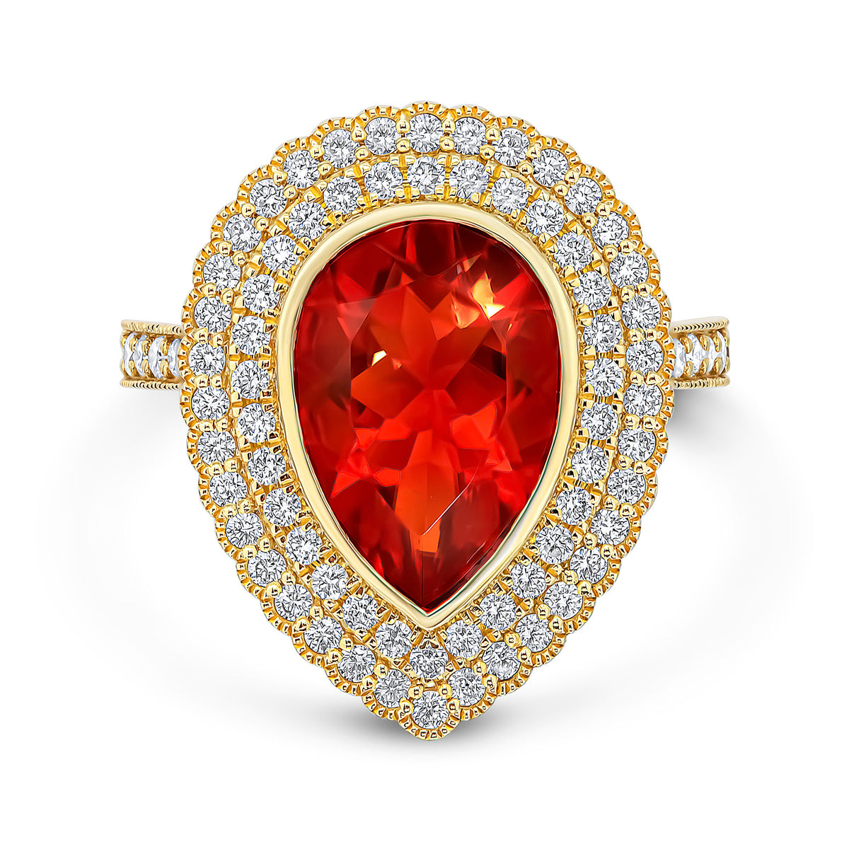 18YG PEARSHAPE FIRE OPAL & DIAMOND 2 ROW CLUSTER RING, DIAMONDS ON SHOULDERS