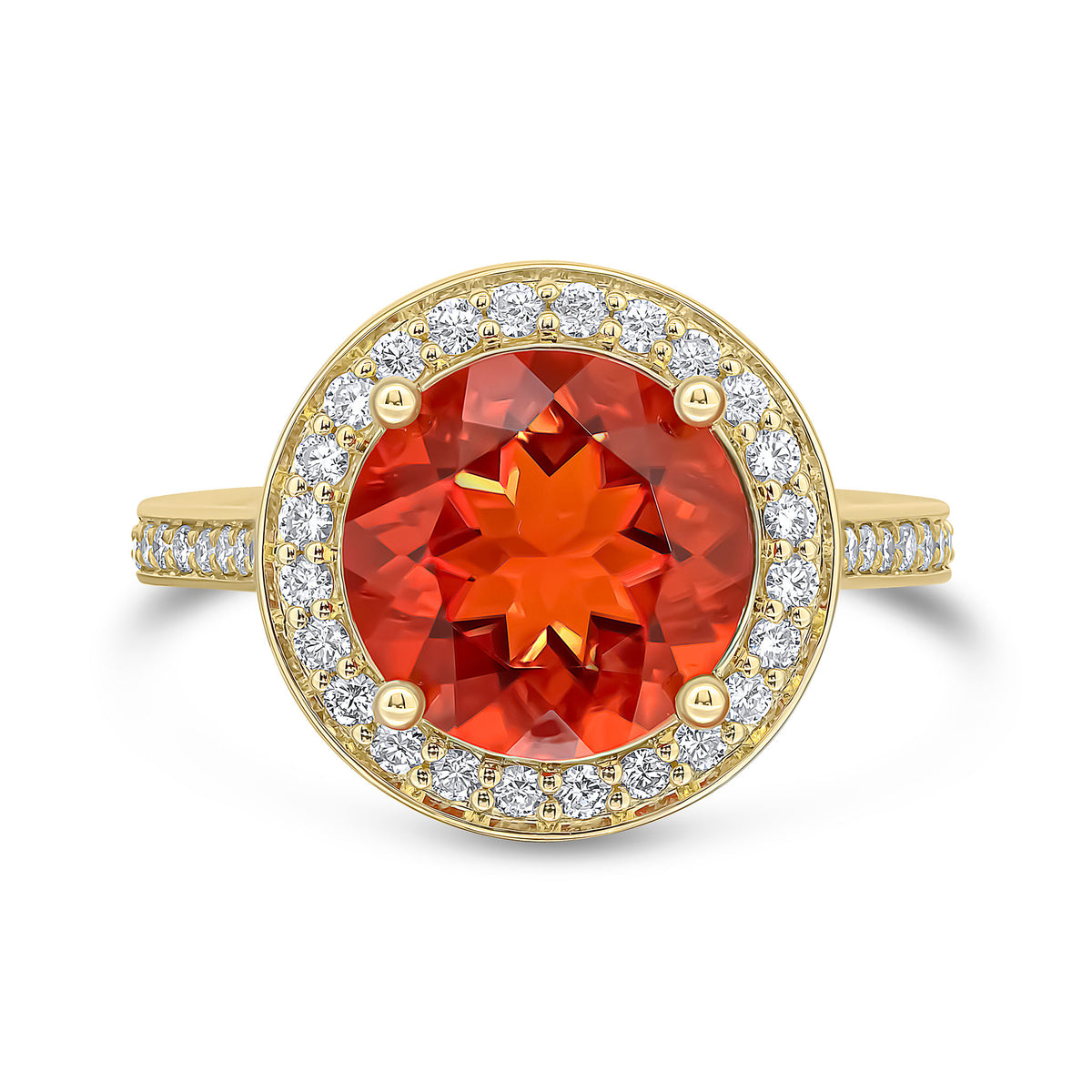 18CT YELLOW GOLD ROUND FIRE OPAL AND DIAMOND GRAIN SET CLUSTER RING WITH DIAMOND SHOULDERS