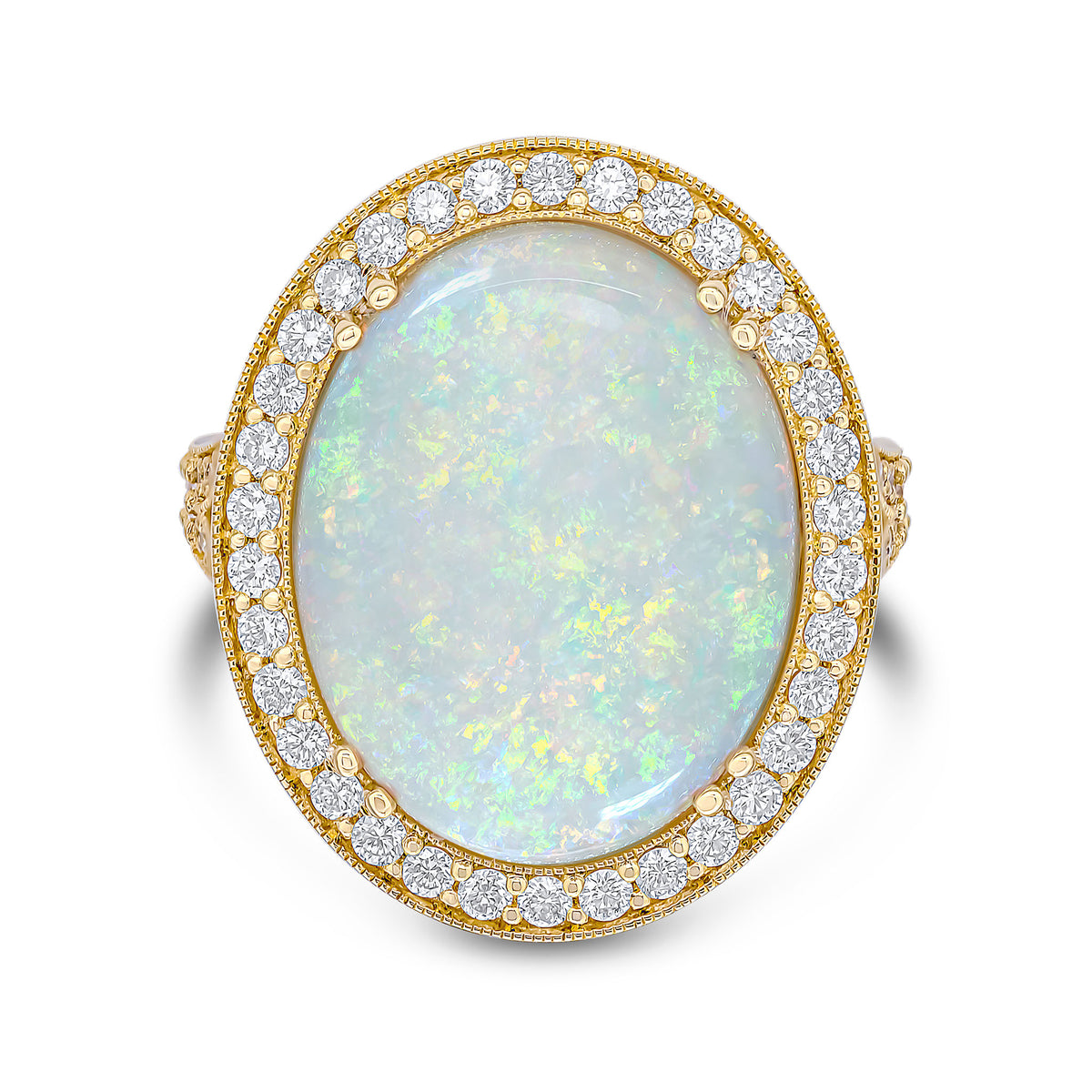 18CT YELLOW GOLD OVAL OPAL AND DIAMOND MILLEGRAIN CLUSTER RING WITH DIAMOND SET SPLIT SHOULDERS