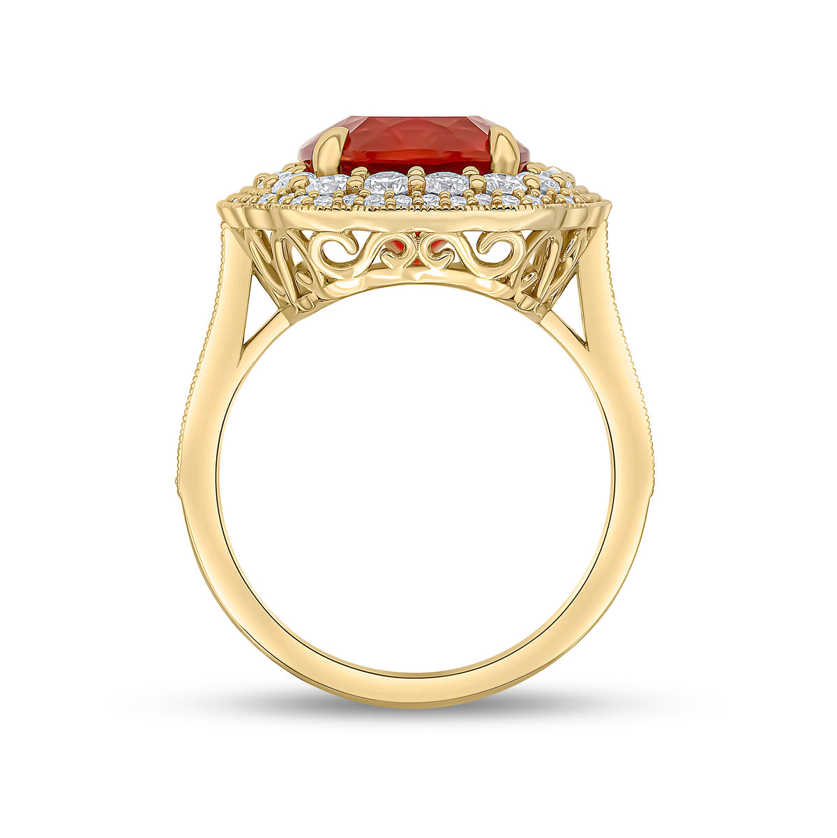 18CT YELLOW GOLD CUSHION FIRE OPAL AND DIAMOND MILLEGRAIN CLUSTER RING WITH DIAMOND SET SHOULDERS
