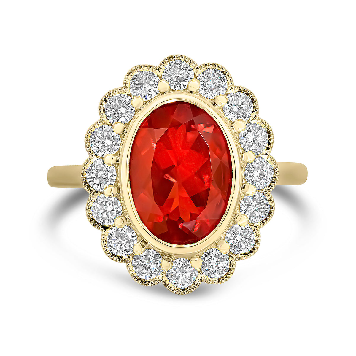 18CT YELLOW GOLD OVAL FIRE OPAL AND DIAMOND MILEGRAIN CLUSTER RING