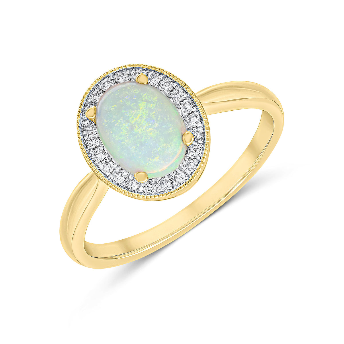 18CT YG CLAW SET 8X6MM OVAL OPAL AND DIAMOND CLUSTER RING. MILLEGRAIN EDGE