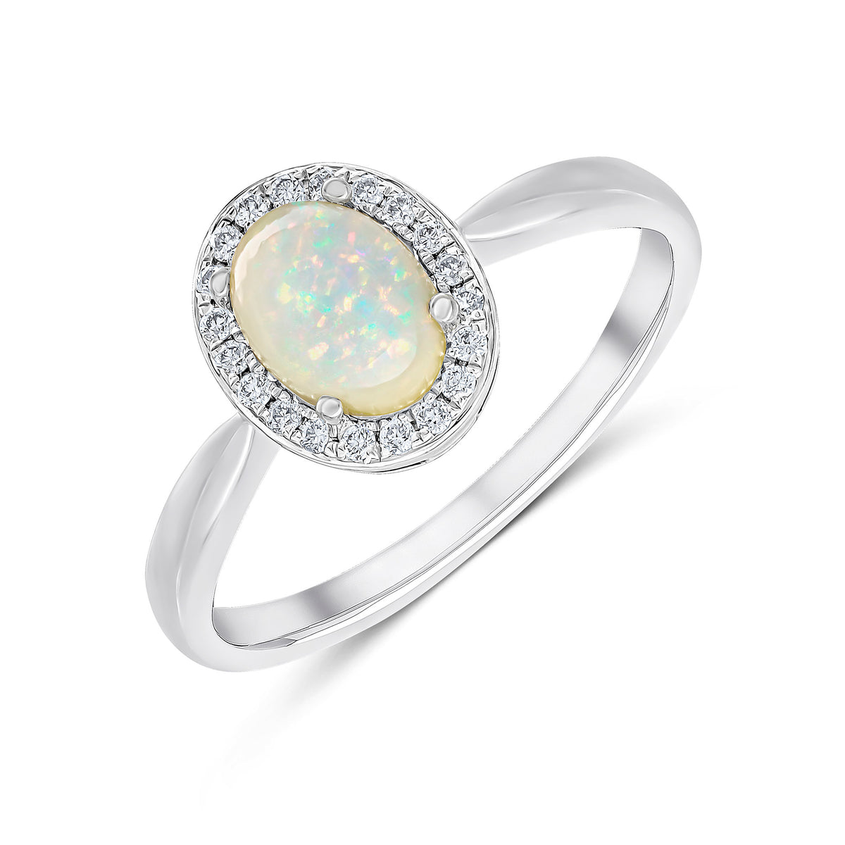 18CT WG CLAW SET 7X5 OVAL OPAL & GRAIN SET ROUND DIAMOND CLUSTER RING. RHDODIUM TO DIAMONDS