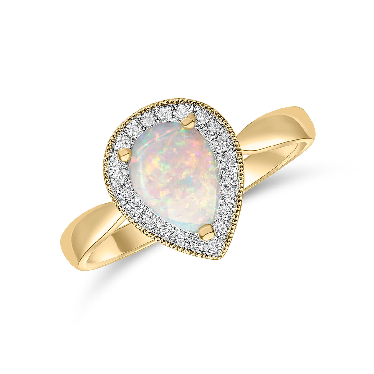 18CT YG CLAW SET 8X6 PEARSHAPE OPAL & ROUND DIAMOND CLUSTER RING. MILLEGRAIN EDGE