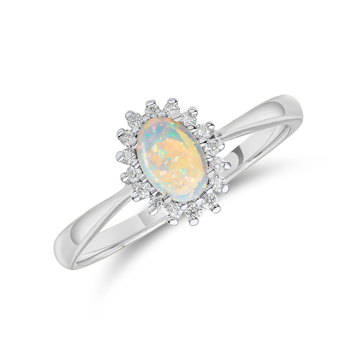 18CT WG 6X4 OVAL OPAL & ROUND DIAMOND CLAW SET CLUSTER RING