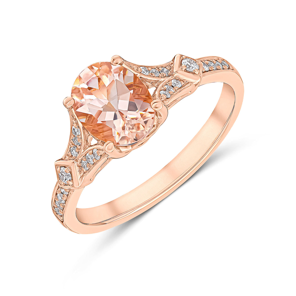 18CT ROSE GOLD OVAL MORGANITE & DIAMOND FANCY SINGLE STONE RING