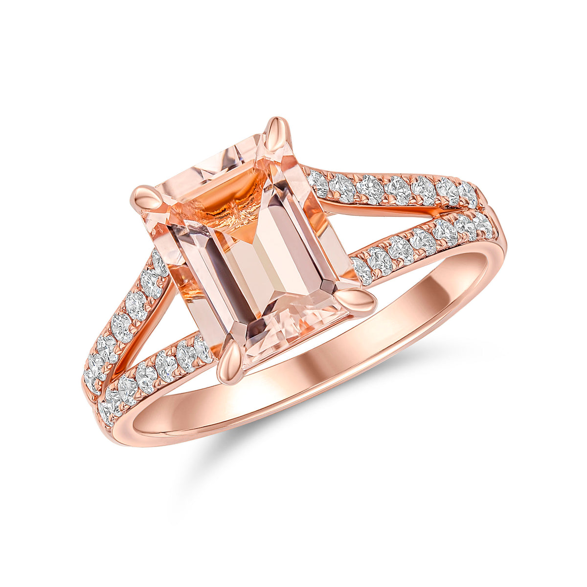 18CT RG OCTAGON MORGANITE SINGLE STONE RING WITH DIAMOND SET SPLIT SHOULDERS