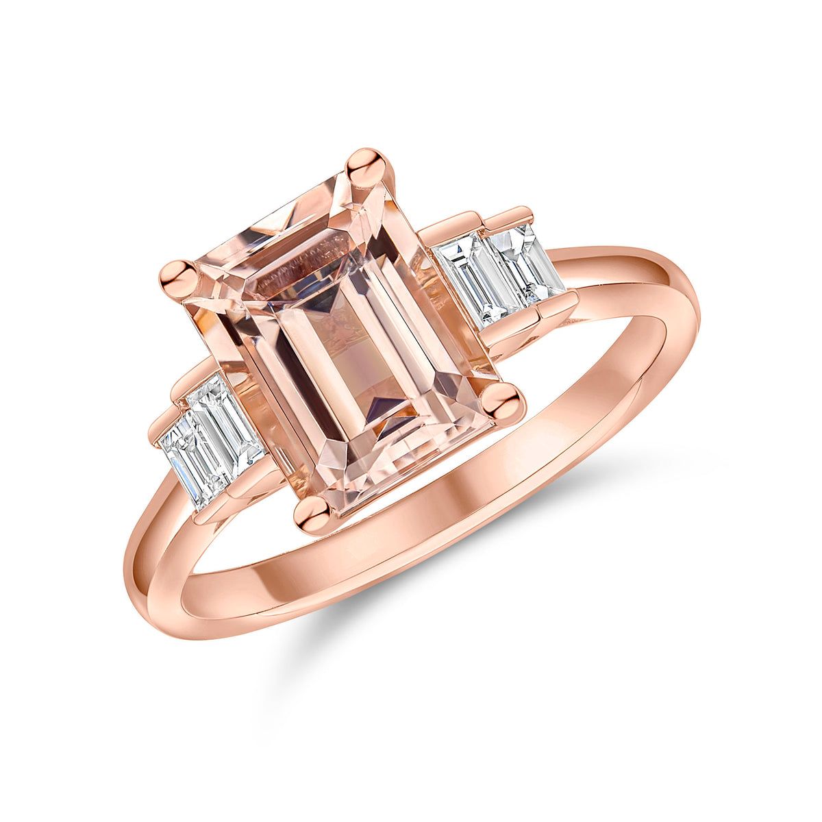 18CT RG OCTAGON MORGANITE SINGLE STONE RING WITH BAGUETTE DIAMOND 2ST SHOULDERS
