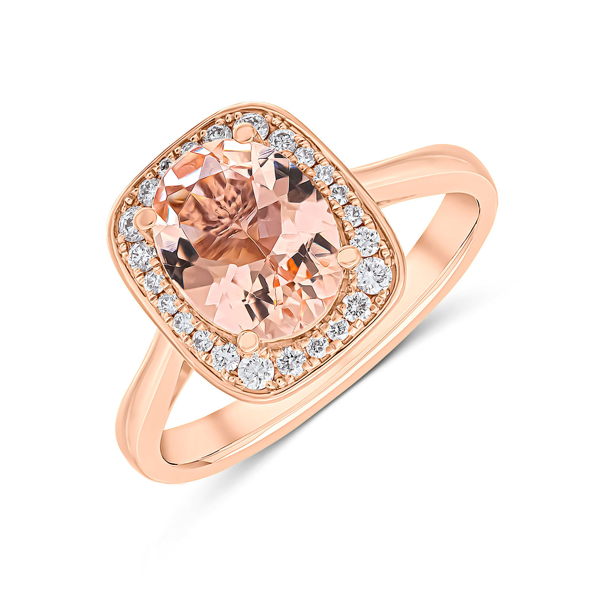 18CT RG 9X7 OVAL MORGANITE & DIAMOND CUSHION CLUSTER RING