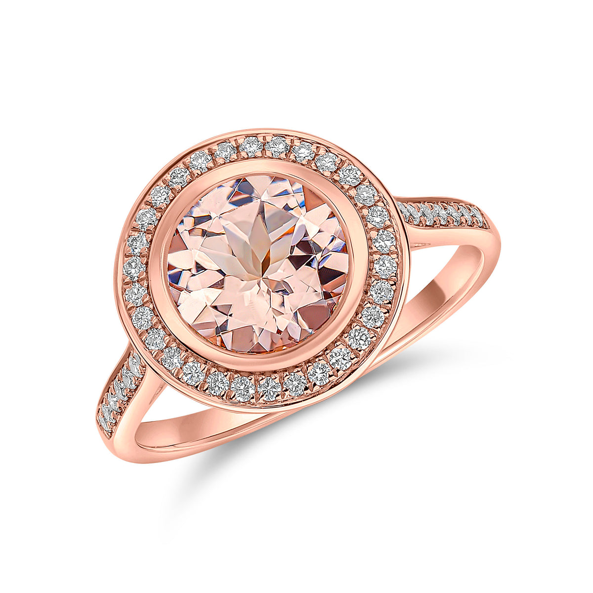 18CT RG RUBOVER ROUND MORGANITE & GRAIN SET DIAMOND CLUSTER RING