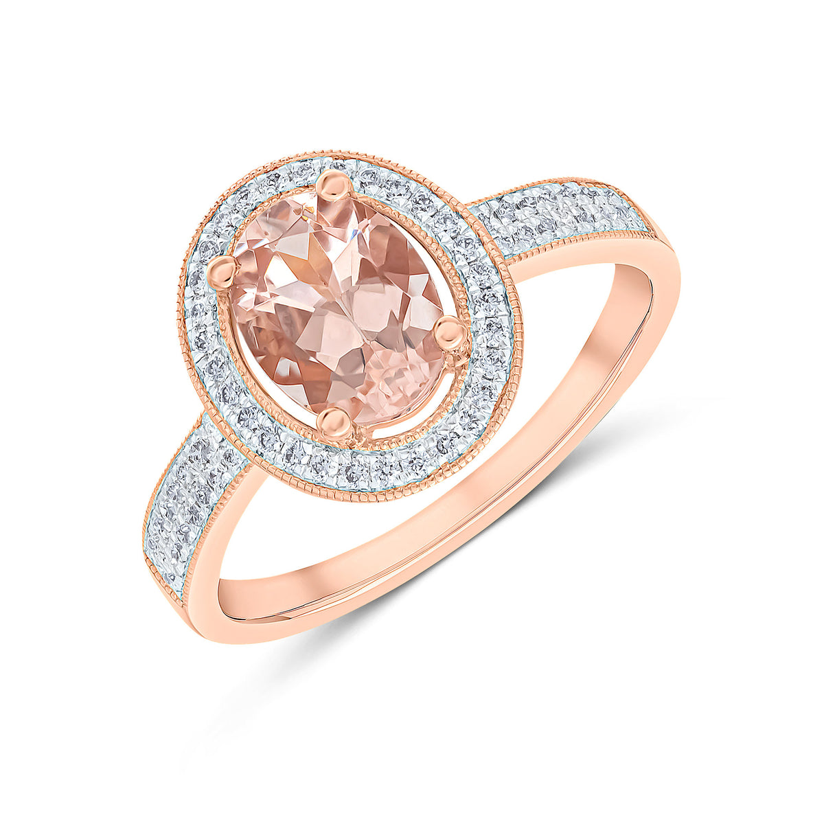 18CT RG 8X6 OVAL MORGANITE & DIAMOND CLUSTER RING WITH DIAMOND SET SHOULDERS