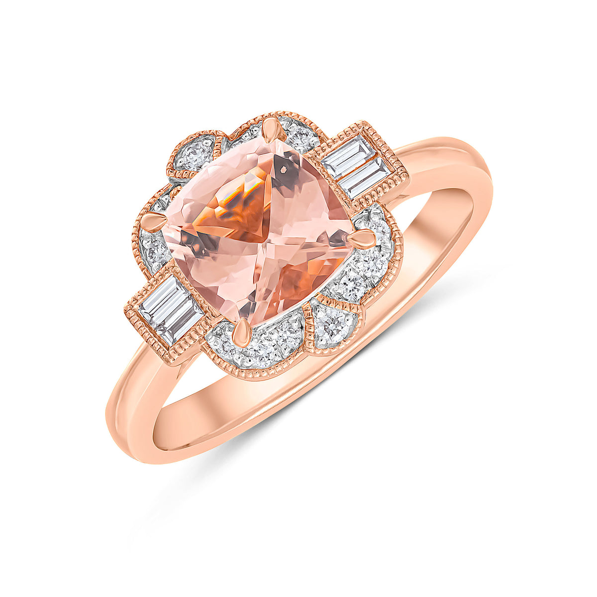 18CT ROSE GOLD CUSHION MORGNITE & BAGUETTE & ROUND DIAMOND CLUSTER RING WITH MILLEGRAIN EDGE