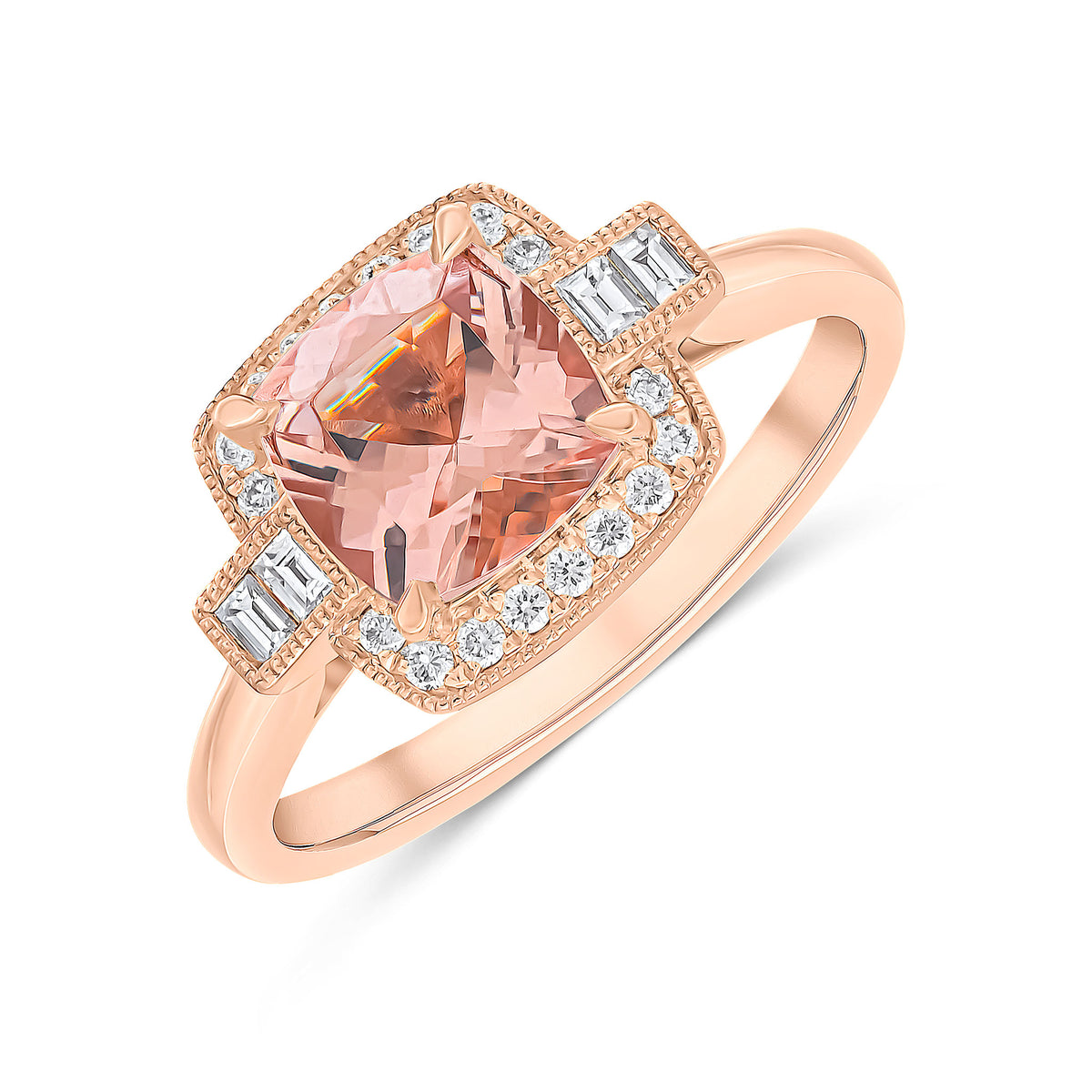 18CT ROSE GOLD CUSHION MORGANITE & ROUND, BAGUETTE  DIAMOND CLUSTER RING WITH MILLEGRAIN EDGE