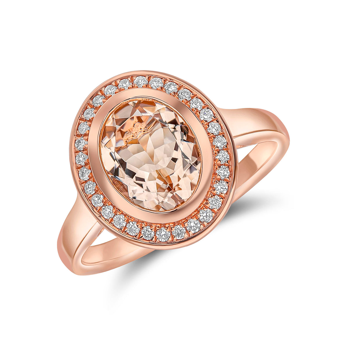 18CT RG RUBOVER OVAL MORGANITE & GRAIN SET DIAMOND CLUSTER RING